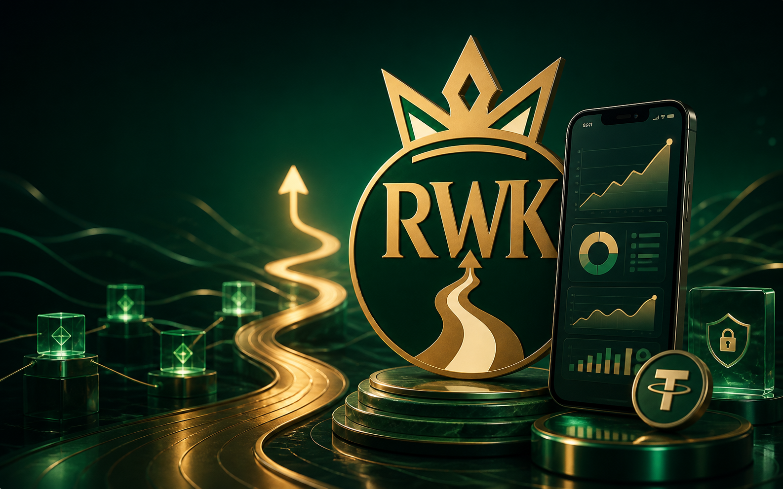 RWK premium digital growth journey with secure USDT and mobile account graphics